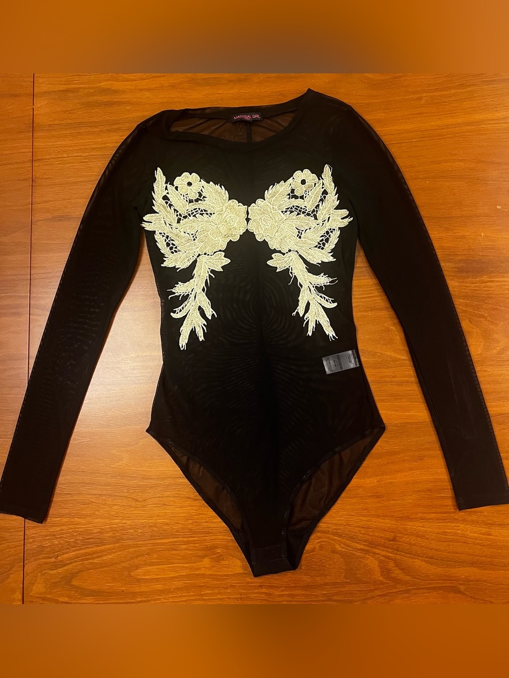 Material Girl Black Mesh Long-Sleeve Bodysuit with gold Floral Appliqué